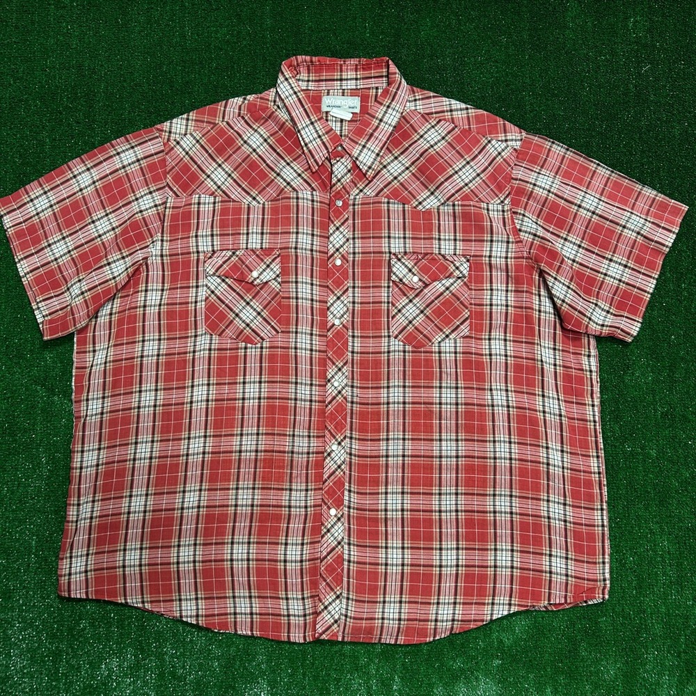 Wrangler Wrancher Western Shirt Mens 3XL Red Plaid Pearl Snap Short Sleeve